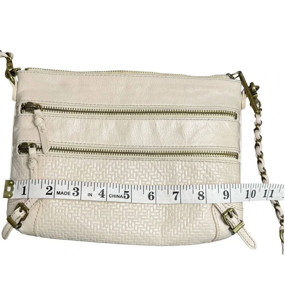 Elliott Lucca Cream Leather Crossbody Bag Triple Zip Chain Strap Woven Small Y2K